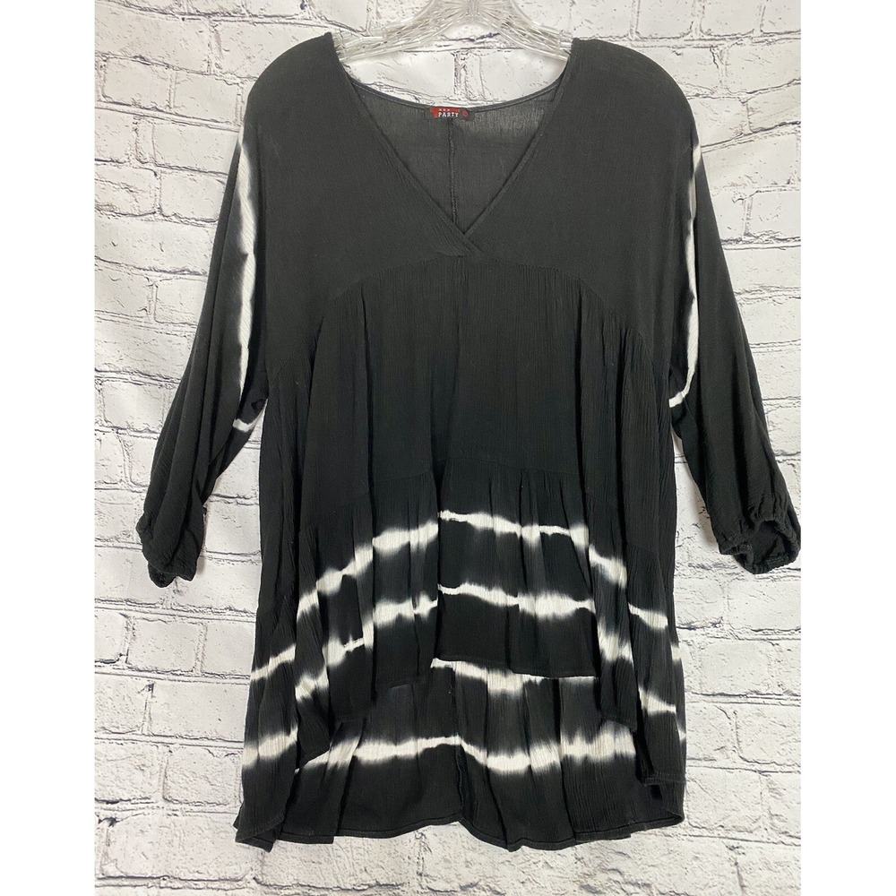 NWOT Party S Black White Tie Dye‎ Babydoll High Low 3/4 Sleeve Top Boho Hippie